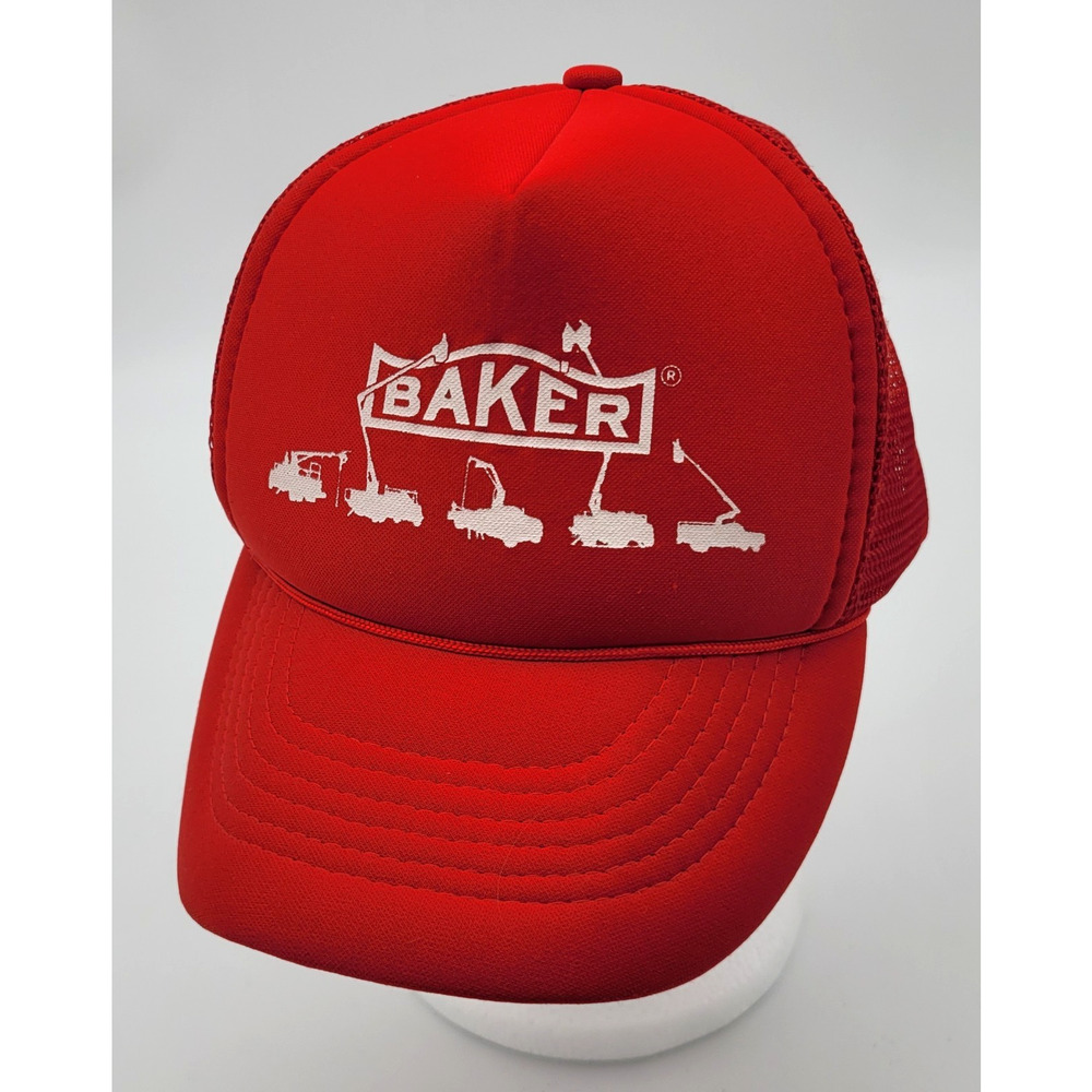 Vintage Baker Equipment Red White Trucker Hat Cap Print Mesh Snapback